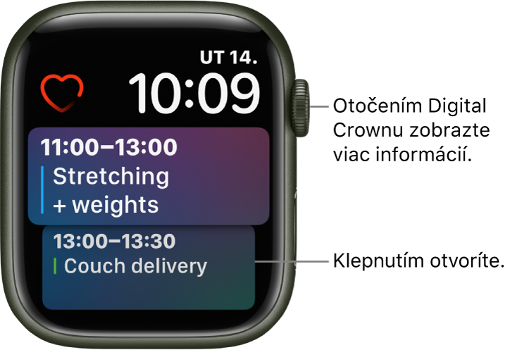 Ciferník Siri, na ktorom je zobrazená pripomienka a udalosť kalendára. V ľavej hornej časti obrazovky sa nachádza komplikácia Srdcová frekvencia. Vpravo hore sa nachádzajú dátum a čas. Pod nimi je komplikácia Rozvrh kalendára, ktorá zobrazuje dve udalosti.