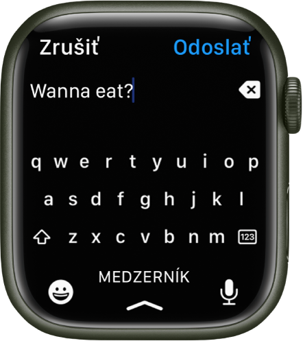Obrazovka zadávania textu zobrazujúca QWERTY klávesnicu. Navrchu sa zobrazí nejaký text a vpravo od neho tlačidlo Vymazať. V spodnej časti sú tlačidlá Emoji, Medzerník a Diktovanie.