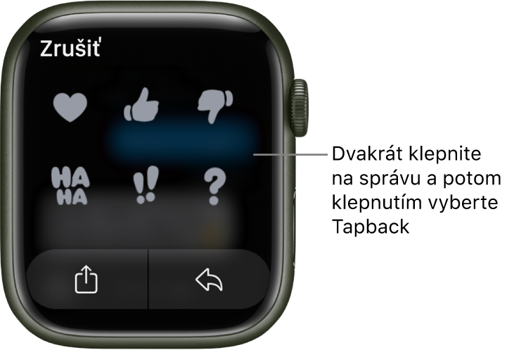 Konverzácia v aplikácii Správy s možnosťami funkcie Tapback: srdce, palec nahor, palec nadol, smiech, !! a ?. Pod tým je tlačidlo Odpovedať.