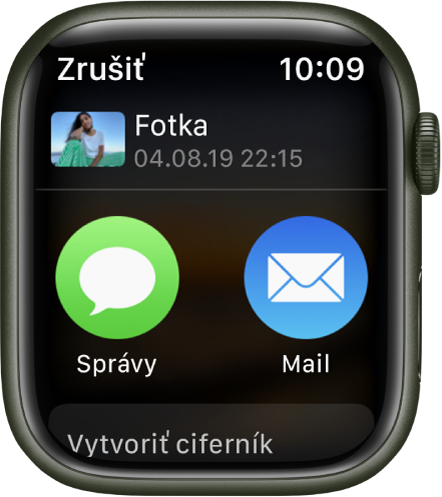 Obrazovka zdieľania v apke Fotky na hodinkách Apple Watch. V hornej časti obrazovky sa nachádza fotka. Pod ňou sú tlačidlá Správy a Mail.