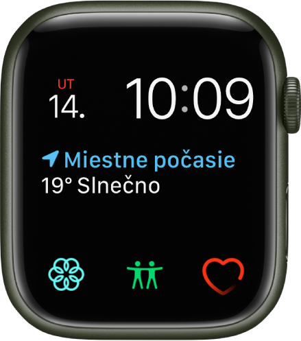 Ciferník Modulový, na ktorom môžete upraviť farby. Vo vrchnej časti zobrazuje čas a dátum, komplikáciu Poveternostné podmienky v strede a tri malé ciferníky v spodnej časti: Meditácia, Nájsť ľudí a Srdcová frekvencia.