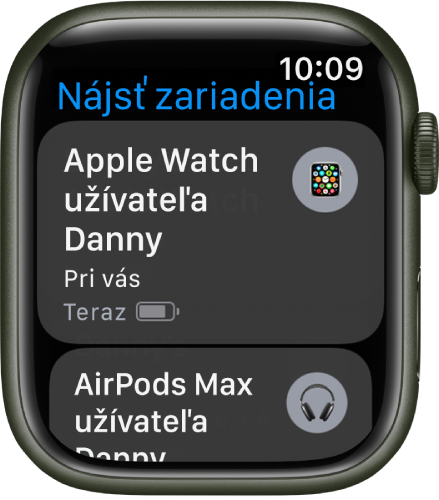 Apka Nájsť zariadenia zobrazujúca dve zariadenia – hodinky Apple Watch a AirPody.