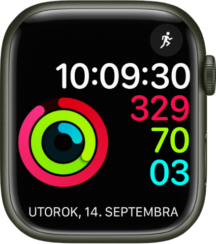 Ciferník Aktivita – digitál zobrazujúci čas spolu s priebehom cieľov pre Pohyb, Tréning a Státie. Na výber máte ďalšie dve komplikácie: Vpravo hore je komplikácia Tréning a v spodnej časti je komplikácia Kalendár, ktorá zobrazuje deň, mesiac a dátum.