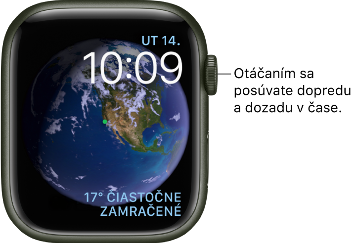 Astronomický ciferník so zobrazeným dňom, dátumom a aktuálnym časom. Vpravo dole sa nachádza komplikácia Počasie. Otáčaním korunky Digital Crown sa môžete posúvať dopredu a dozadu v čase.