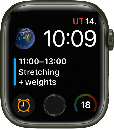 Ciferník Modulárny infograf s viacerými komplikáciami: vľavo hore je komplikácia Zem, stredom ciferníka prechádza komplikácia Rozvrh kalendára a v dolnej časti sú tri malé komplikácie – Budíky, Kompas a Teplota vzduchu.