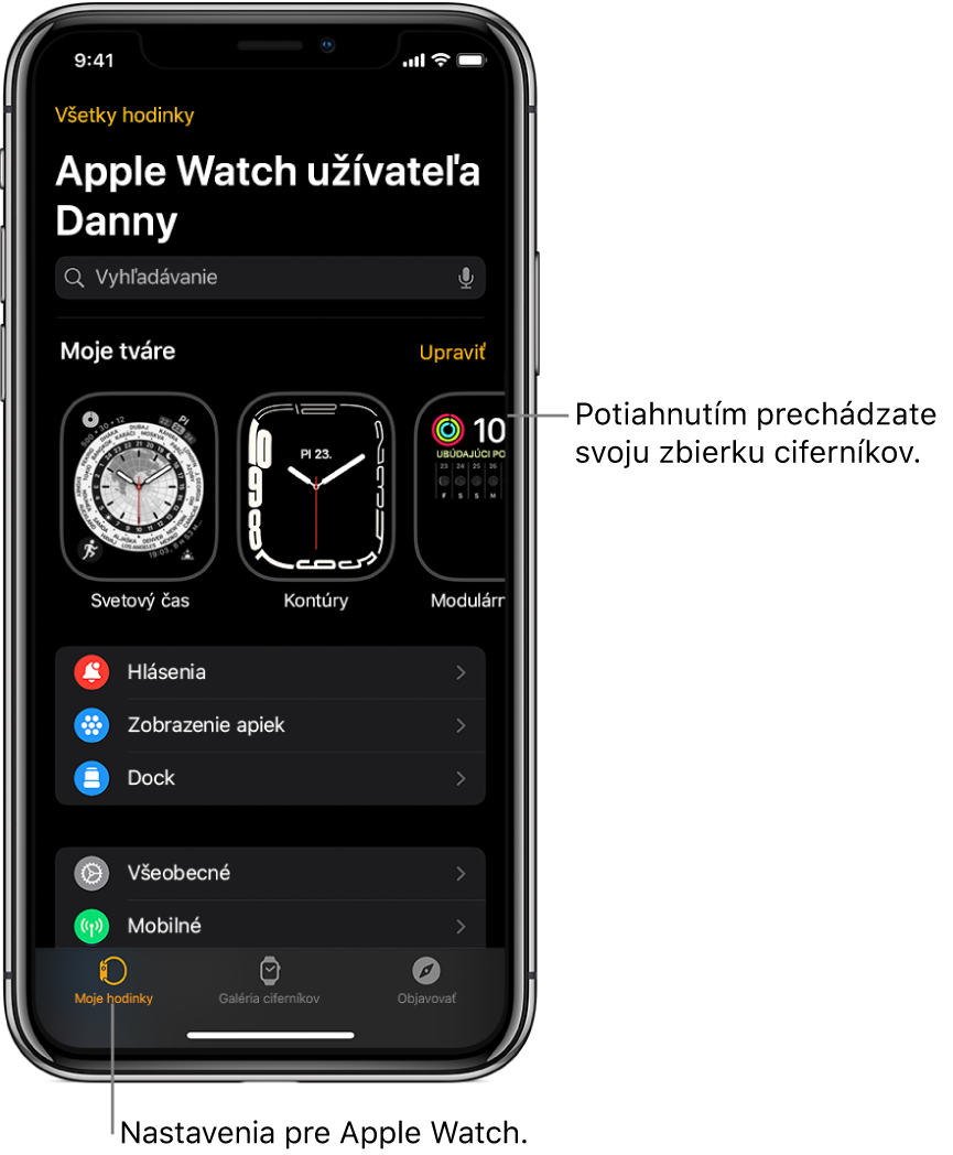 Apka Apple Watch na iPhone sa spustí s otvorenou obrazovkou Moje hodinky, na ktorej sú v hornej časti zobrazené ciferníky a nižšie sú nastavenia. V spodnej časti obrazovky apky Apple Watch sa nachádzajú tri taby: na tabe Moje hodinky naľavo sú nastavenia hodiniek Apple Watch, na ďalšom tabe Galéria ciferníkov nájdete dostupné ciferníky a komplikácie a tab Objavovanie umožňuje zistiť viac o hodinkách Apple Watch.