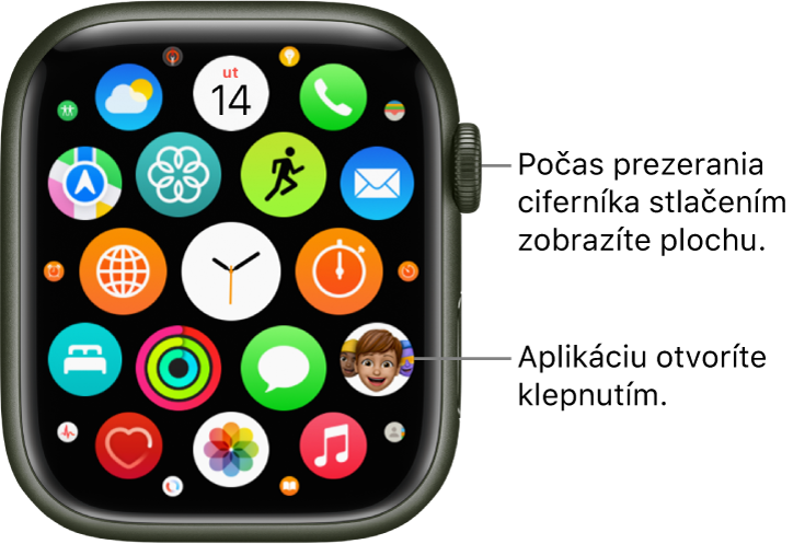 Plocha hodiniek Apple Watch v zobrazení Mriežka s apkami v jednom zhluku. Klepnutím na aplikáciu ju otvoríte. Potiahnutím zobrazíte ďalšie aplikácie.