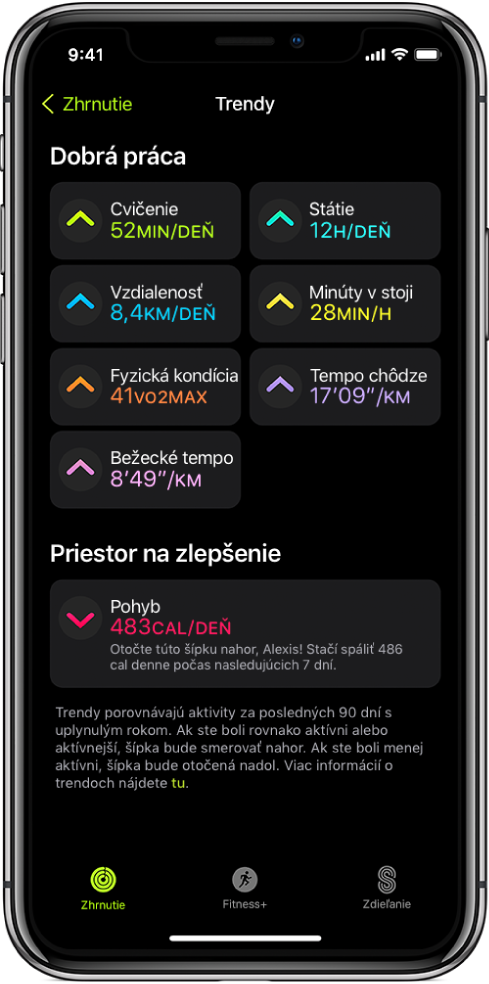 Karta Trendy v apke Aktivita na iPhone. V hornej časti obrazovky v rubrike Trendy sa zobrazia rôzne štatistiky. Sú to napríklad Tréning, Státie, Vzdialenosť a ďalšie. V časti Hodné pozornosti je položka Pohyb.