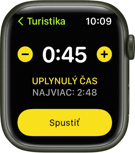 Obrazovka s cieľom zobrazujúca čas vo vrchnej časti s tlačidlami – a + po stranách a tlačidlom Spustiť v spodnej časti.
