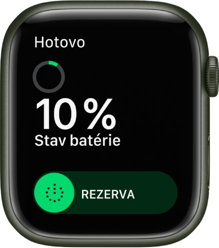 Obrazovka Rezerva, na ktorej je zobrazené tlačidlo Hotovo v ľavom hornom rohu, zostávajúce percentá batérie a prepínač Rezerva.