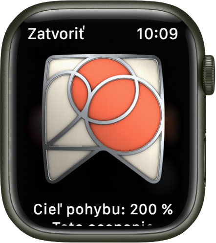 Ocenenie zobrazené na Apple Watch. Pod ocenením je jeho popis. Potiahnutím môžete otáčať ocenenie.