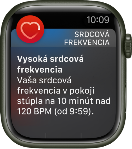 Obrazovka Vysoká srdcová frekvencia zobrazujúca hlásenie, že vaša srdcová frekvencia sa zvýšila nad 120 BPM, keď ste boli nečinní 10 minút.