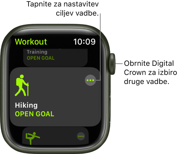 Zaslon Workout (Vadba) z označeno vadbo Hiking (Pohodništvo). V zgornjem desnem kotu je prikazan gumb More (Več). Del vadbe Outdoor Walk (Hoja na prostem) je prikazan spodaj.