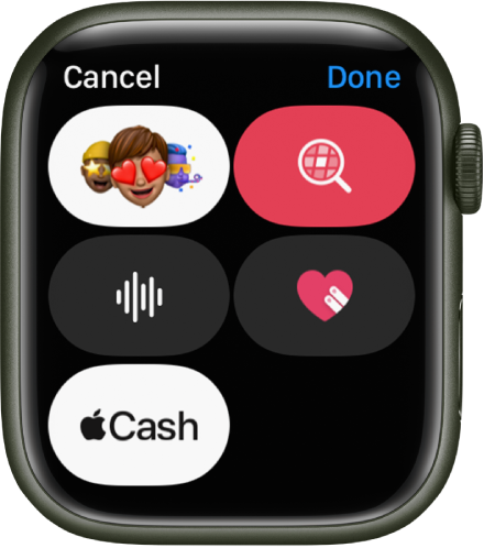 Zaslon Messages (Sporočila) s prikazom gumba Apple Cash skupaj z gumbi Memoji (Memoji), Image (Slika), Audio (Zvok) in Digital Touch (Digitalni dotik).