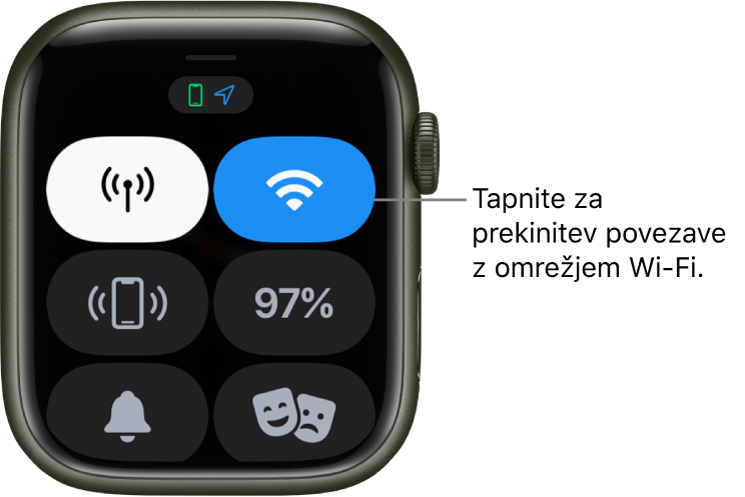 Control Center (Središče za nadzor) v uri Apple Watch (GPS + Cellular) z gumbom Wi-Fi zgoraj desno. Oblaček se glasi »Tapnite, da prekinete povezavo z omrežjem Wi-Fi«.
