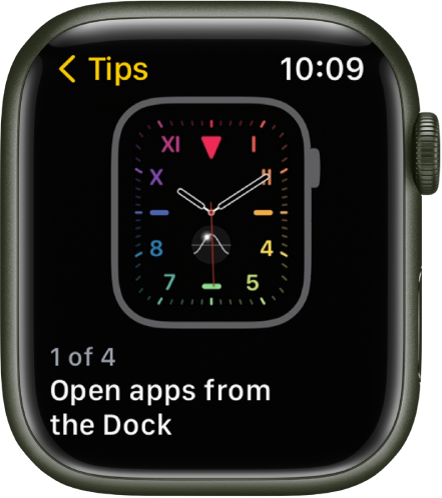 Aplikacija Tips (Nasveti) prikazuje nasvet na uri Apple Watch.