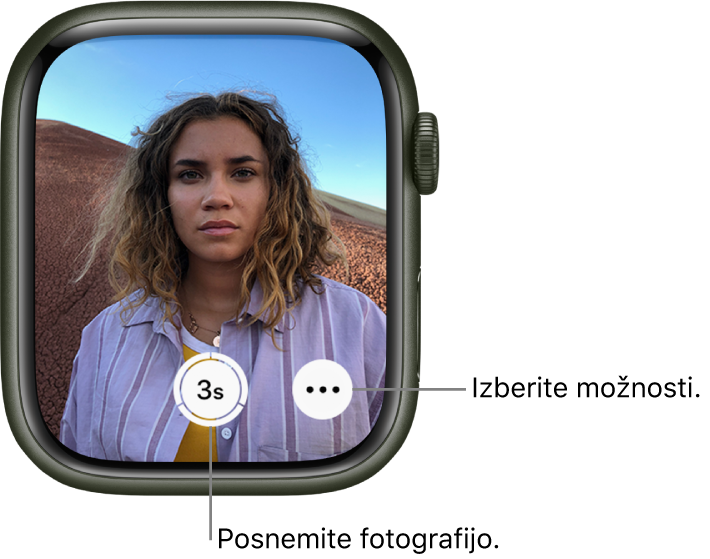 Če uro Apple Watch uporabljate kot daljinski upravljalnik kamere, je na njenem zaslonu prikazan pogled iz kamere v napravi iPhone. Gumb Take Picture (Fotografiraj) je spodaj na sredini, gumb More Options (Več možnosti) pa je na njegovi desni. Potem ko posnamete fotografijo, je gumb Photo Viewer (Pregledovalnik fotografij) spodaj levo.
