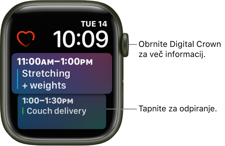 Številčnica Siri, ki prikazuje opomnik in koledarski dogodek. Pripomoček Heart Rate (Srčni utrip) je v zgornjem levem delu zaslona. Datum in čas sta zgoraj desno. Pripomoček Calendar Schedule (Koledar z urnikom) je spodaj, ter prikazuje dva dogodka.