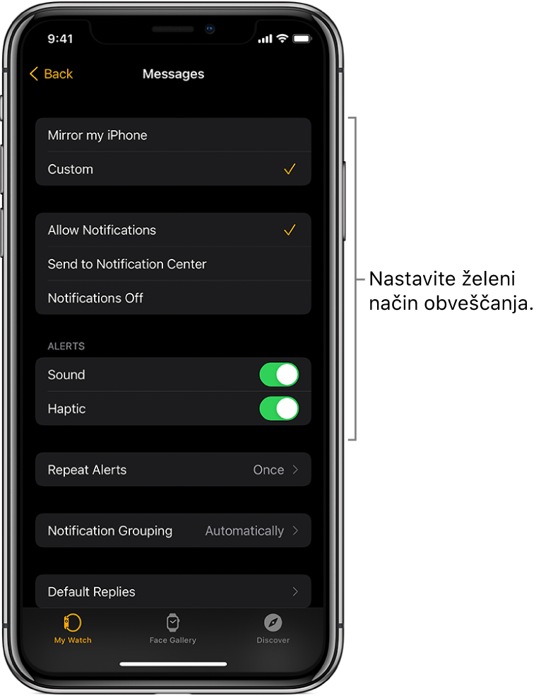Nastavitve sporočil v aplikaciji Apple Watch v napravi iPhone. Izberete lahko, ali želite, da se opozorila pokažejo, vklopite zvok in haptiko ter določite ponovitve opozorila.