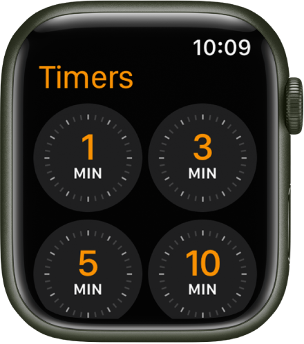Zaslon aplikacije Timer (Časovnik), ki prikazuje hitre časovnike za 1, 3, 5 ali 10 minut.