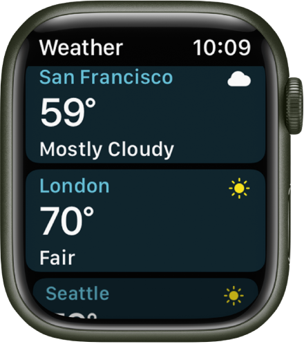 Aplikacija Weather (Vreme), ki prikazuje tedensko napoved.
