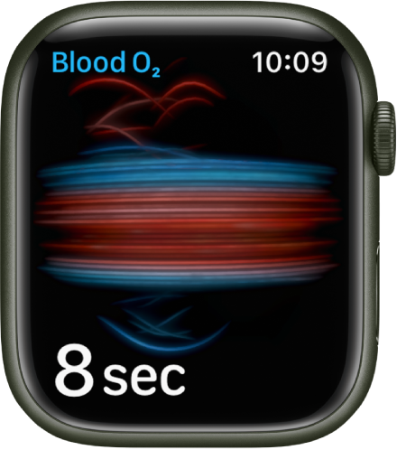Zaslon aplikacije Blood Oxygen (Kisik v krvi) med meritvijo; odštevanje od 8 sekund.