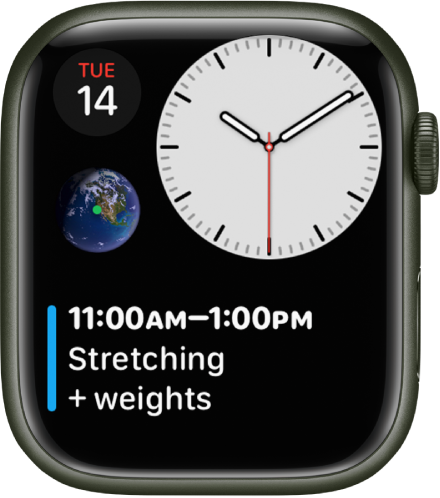 Številčnica Modular Compact (Strnjena modularna) prikazuje analogno uro pri vrhu desno, pripomoček Calendar (Koledar) na vrhu levo, pripomoček Astronomy (Astronomija) na sredini levo in pripomoček Calendar Schedule (Koledar z urnikom) na dnu.