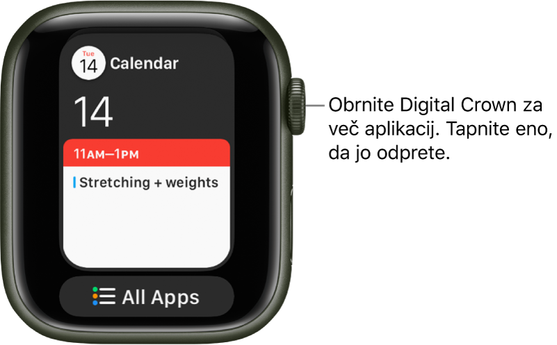 Vrstica Dock s prikazano aplikacijo Calendar (Koledar) z gumbom All Apps (Vse aplikacije) pod njo. Zavrtite gumb Digital Crown za ogled dodatnih aplikacij. Tapnite eno od njih, če jo želite odpreti.