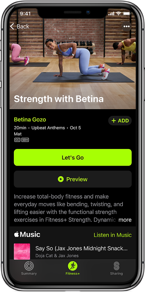 Zaslon z vajami za moč s prikazom gumba »Let’s Go«, gumba »Preview«, opisa vadbe in seznamom predvajanja za vadbo.