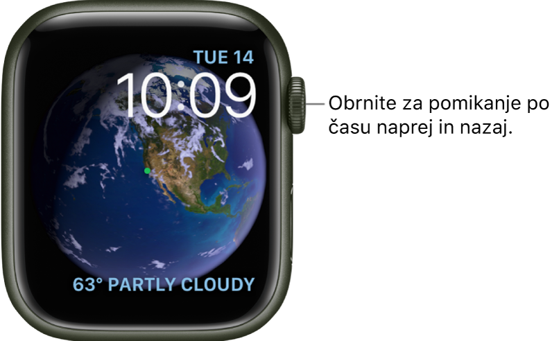 Astronomska številčnica, ki prikazuje dan, datum in trenutni čas. Spodaj desno je pripomoček za vreme. Za premikanje naprej ali nazaj obračajte gumb Digital Crown.