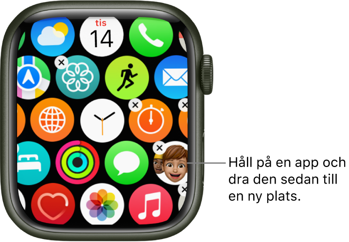 Hemskärm i rutnätsvy på Apple Watch.