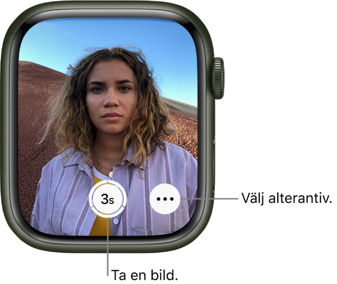 När Apple Watch används som kamerafjärrkontroll visar skärmen det som visas i kameran på din iPhone. Knappen Ta bild finns längst ned i mitten med knappen Fler alternativ till höger. Om du har tagit en bild visas bildvisningsknappen längst ned till vänster.