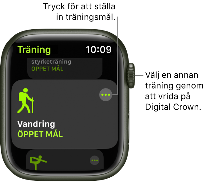 Skärmen Träning med träningen Vandring markerad. En merknapp visas högst upp till höger. En del av träningen Utomhusgång visas nedan.