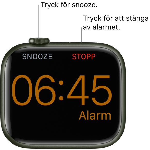 En Apple Watch som ligger på sidan med skärmen som visar ett alarm som har aktiverats. Under Digital Crown visas ordet Snooze. Ordet Stopp visas under sidoknappen.