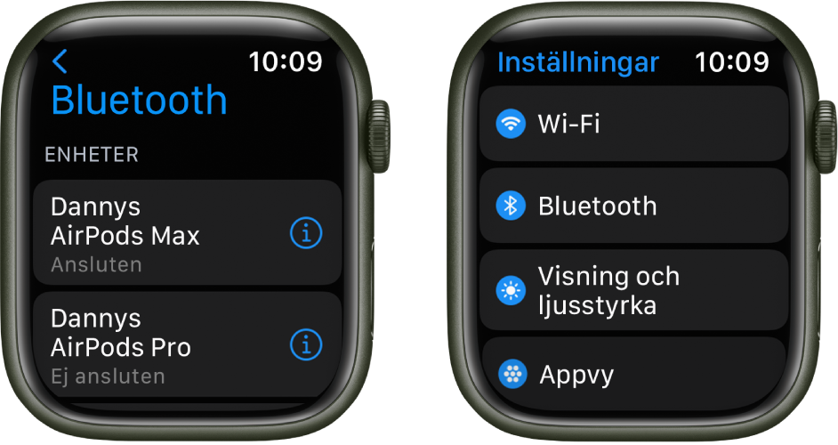 Två skärmar sida vid sida. Till vänster visas en skärm med en lista över två tillgängliga Bluetooth-enheter: AirPods Max som är anslutna och AirPods Pro som inte är anslutna. Till höger finns skärmen Inställningar med knappar för Wi-Fi, Bluetooth, Visning och ljusstyrka samt appvy i en lista.