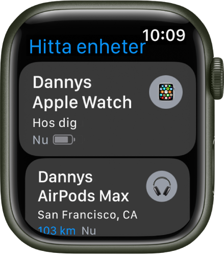 Appen Hitta enheter med två enheter – en Apple Watch och ett par AirPods.