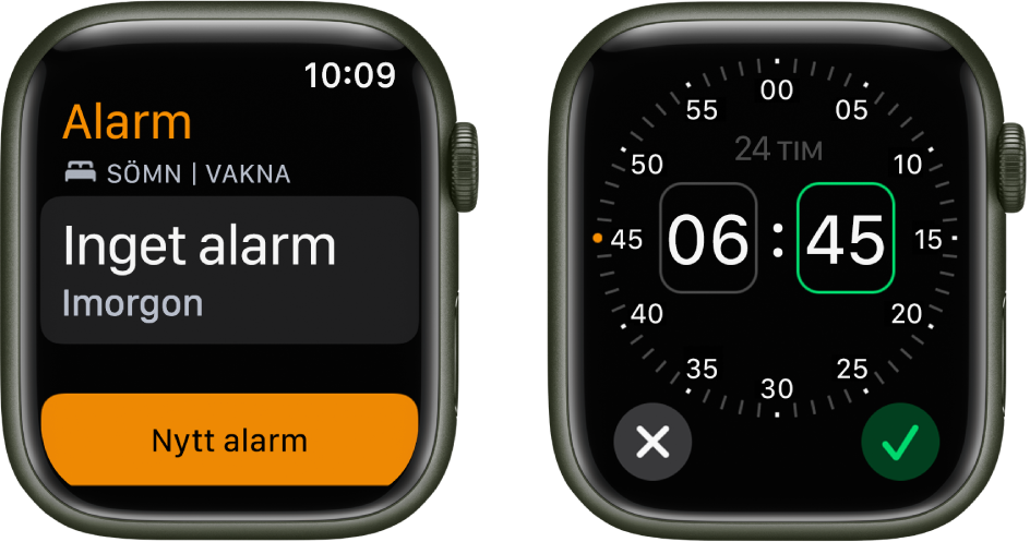 Två urtavlor som visar hur du lägger till ett alarm: Tryck på Nytt alarm, tryck på FM eller EM (om de visas), justera tiden genom att vrida på Digital Crown och tryck sedan på Ställ in.