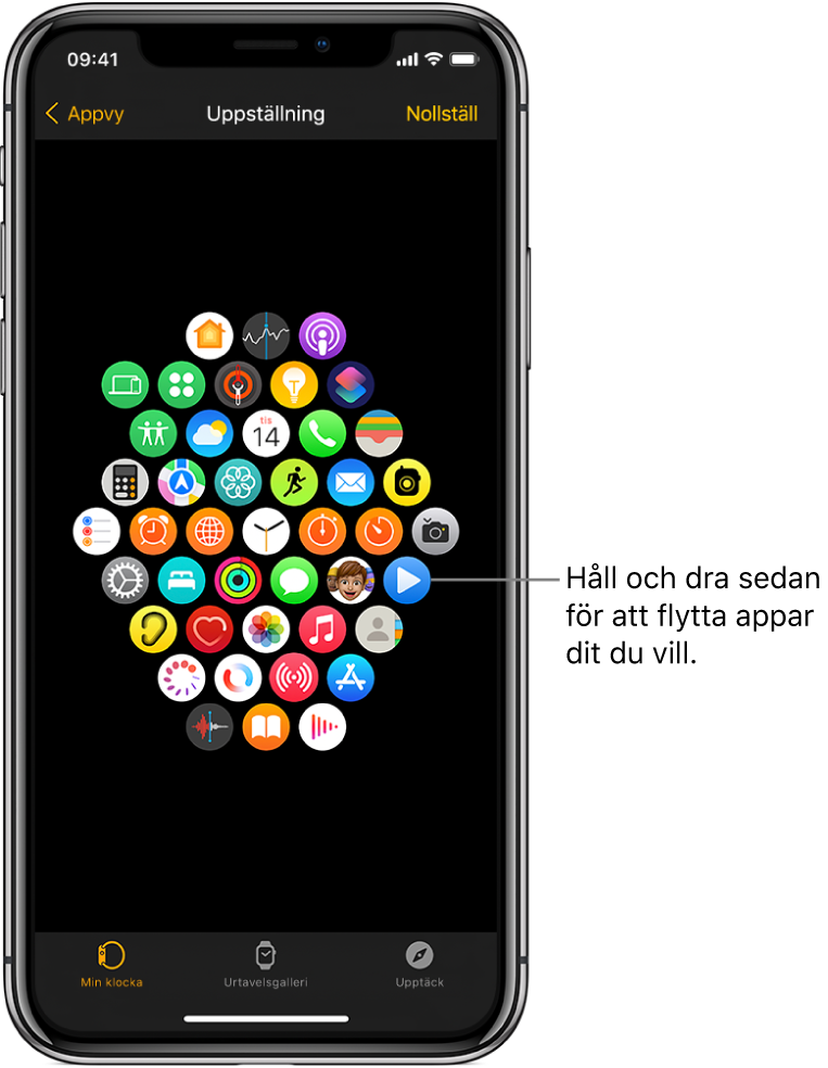 Uppställningsskärmen i Apple Watch-appen visar ett rutnät med symboler.