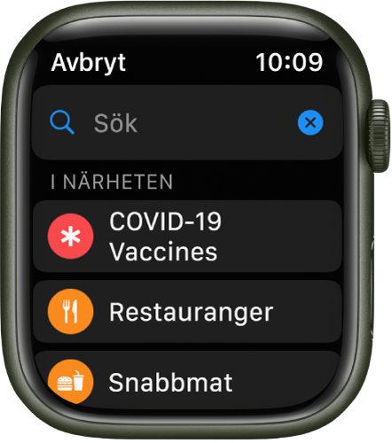 Appen Kartors sökskärm med sökfältet nära överkanten. Under I närheten finns knappar för covid-19-vaccinationer, restauranger och snabbmat.