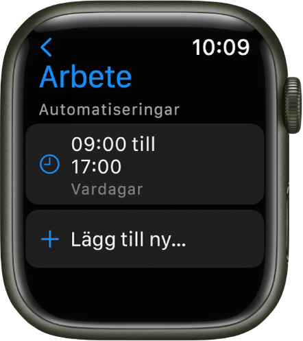 Fokusskärmen Arbete visas med ett schema från 09:00 till 17:00 på vardagar. Nedanför finns knappen Lägg till nytt.
