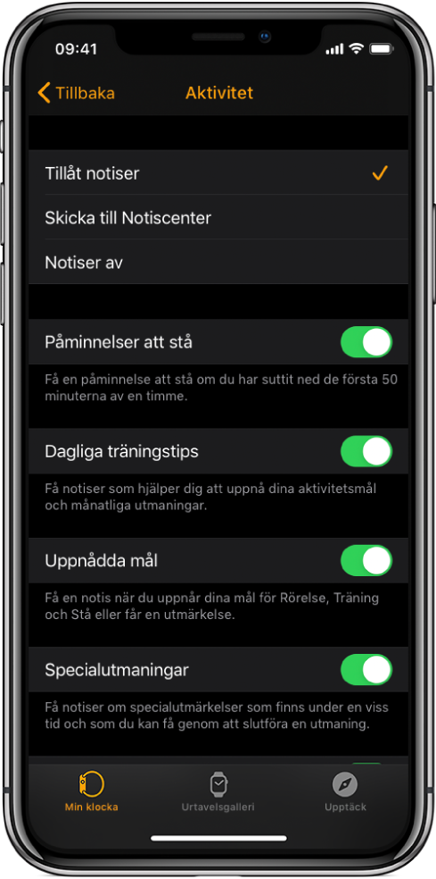 Aktivitetsskärmen i Apple Watch-appen där du kan anpassa vilka notiser du vill få.