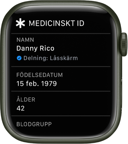 Skärmen för medicinskt ID som visar användarens namn, födelsedatum och ålder.