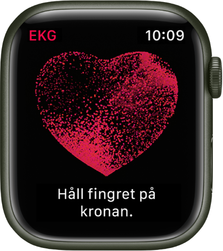 EKG-appen med en bild av ett hjärta och en uppmaning att hålla fingret på Digital Crown.
