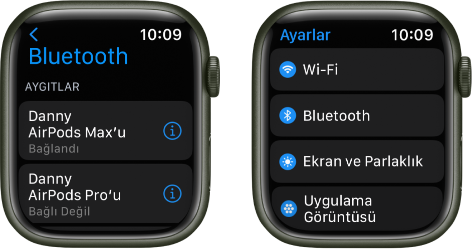Yan yana iki ekran. Sol tarafta, kullanılabilir iki Bluetooth aygıtını listeleyen bir ekran bulunur: bağlı AirPods Max ve bağlı olmayan AirPods Pro. Sağ taraftaki Ayarlar ekranında Wi-Fi, Bluetooth, Ekran ve Parlaklık ve Uygulama Görüntüsü düğmeleri liste hâlinde gösteriliyor.