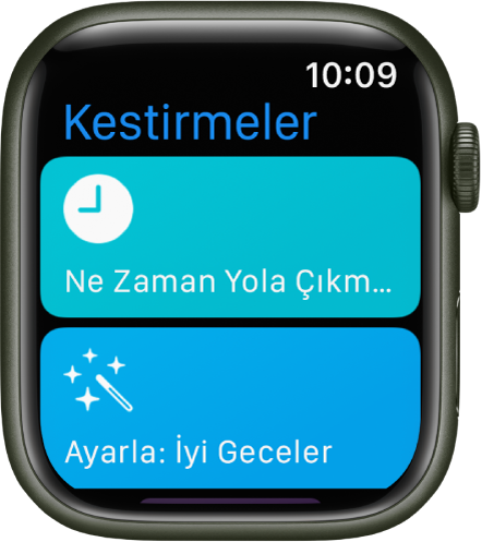 Apple Watch’taki Kestirmeler uygulaması iki kestirme gösteriyor: Ne Zaman Yola Çıkmam Gerekiyor ve İyi Bir Uykuya Hazırlık.