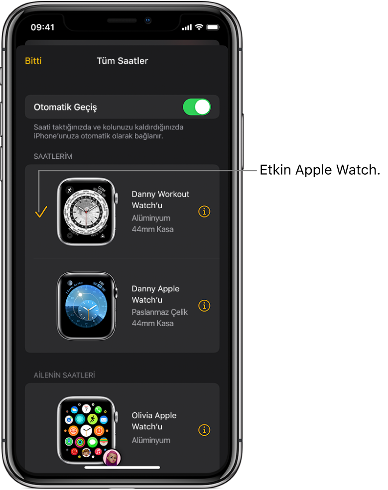 Apple Watch uygulamasının Tüm Saatler ekranında, bir onay işareti etkin Apple Watch’u gösteriyor.