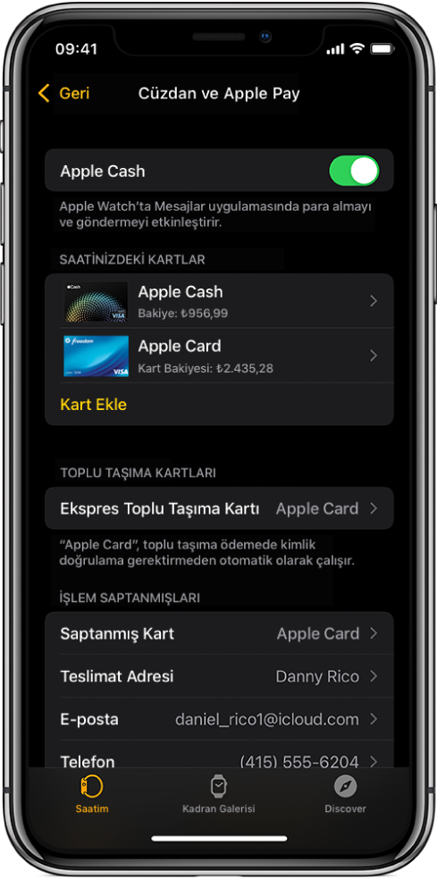 iPhone’daki Apple Watch uygulamasında Cüzdan ve Apple Pay ekranı. Ekran Apple Watch’a eklenen kartları, ekspres toplu taşıma için kullanmak üzere seçtiğiniz kartı ve işlem saptanmışları ayarlarını gösterir.