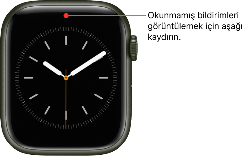 Okunmamış bir bildiriminiz olduğunda saat kadranının üst orta kısmında kırmızı bir nokta görünür.