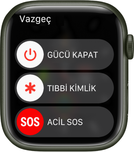 Üç sürgü gösteren Apple Watch ekranı: Gücü Kapat, Tıbbi Kimlik ve Acil SOS. Apple Watch’u kapatmak için Gücü Kapat sürgüsünü sürükleyin.