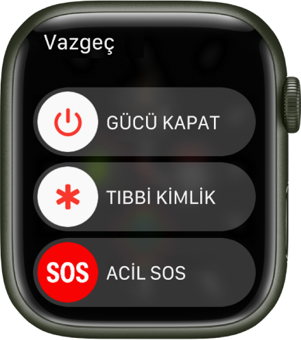 Üç sürgü gösteren Apple Watch ekranı: Gücü Kapat, Tıbbi Kimlik ve Acil SOS.